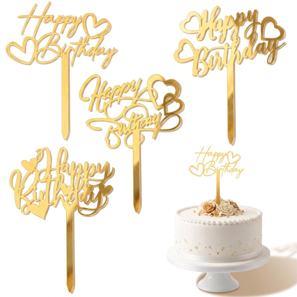 Solidchoice - Set van 4 Gouden Taartdecoraties voor Verjaardag