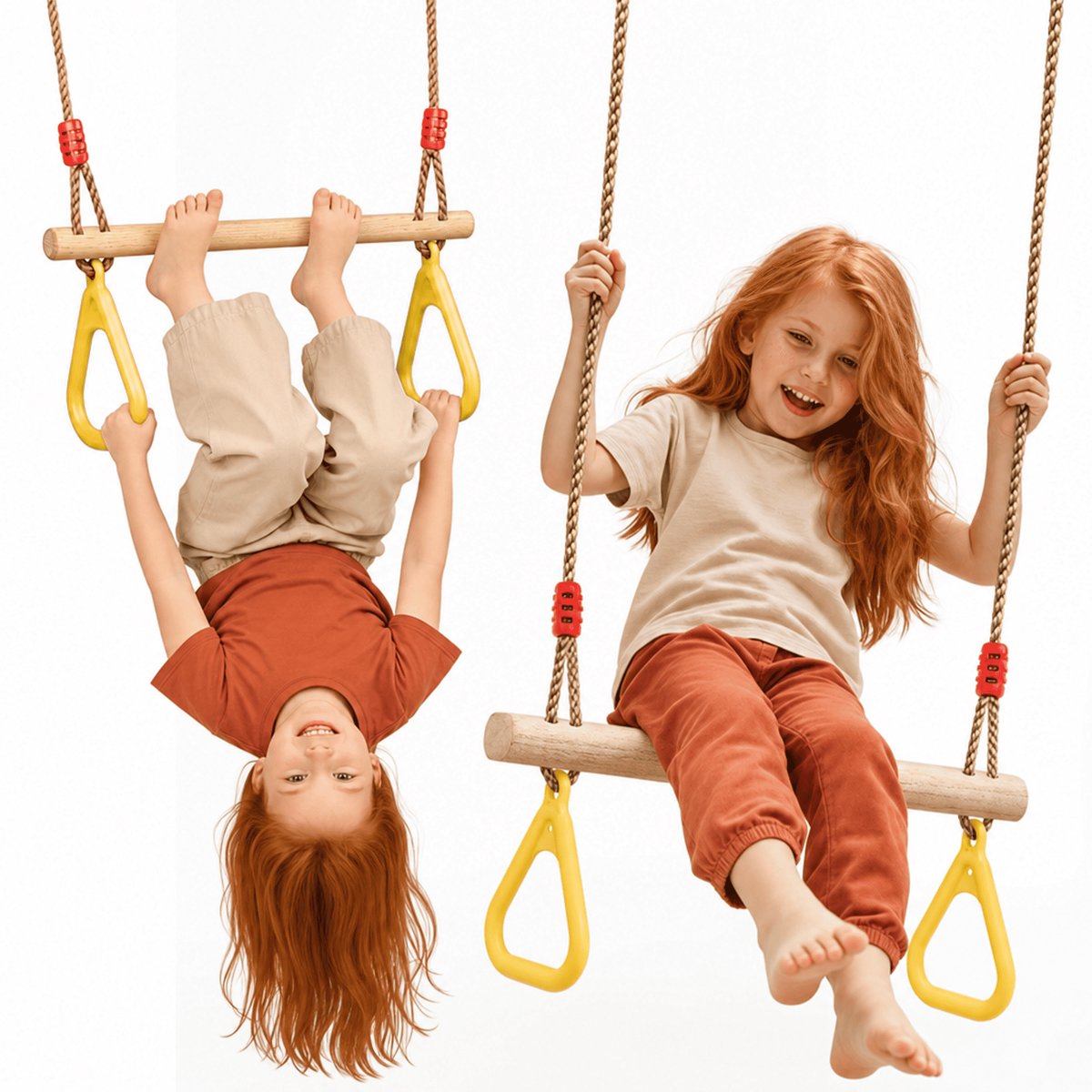 Goodevas Trapezestang met Gymringen voor Kinderen – Houten Schommel, Massief Grenen Stang & Sterke Touwen, Verstelbare Hoogte 110–198 cm, Binnen & Buiten