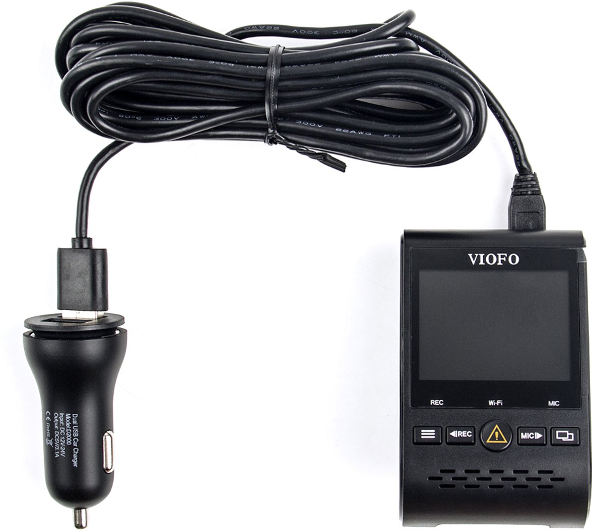 VIOFO A129, A119 V3 - Auto-oplader - Mini USB - Dual USB - 12/24V - 5V/2A - Geschikt voor A119 V3, A129 Pro, A129 Plus en Duo-modellen