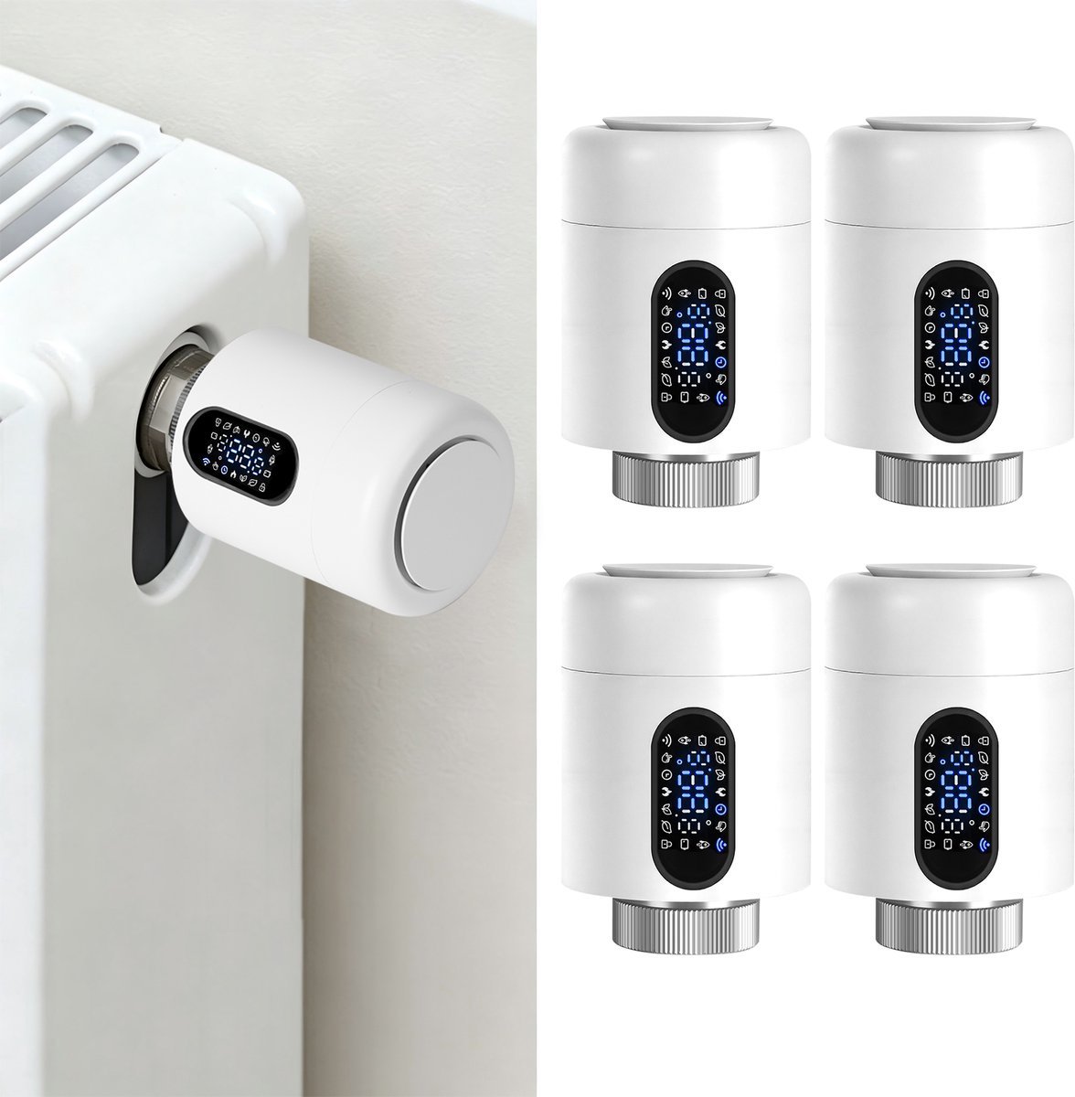 Radiator Thermostaat WiFi – Raamdetectie, Vorstbeveiliging en Kinderslot – Wit – 4-pack