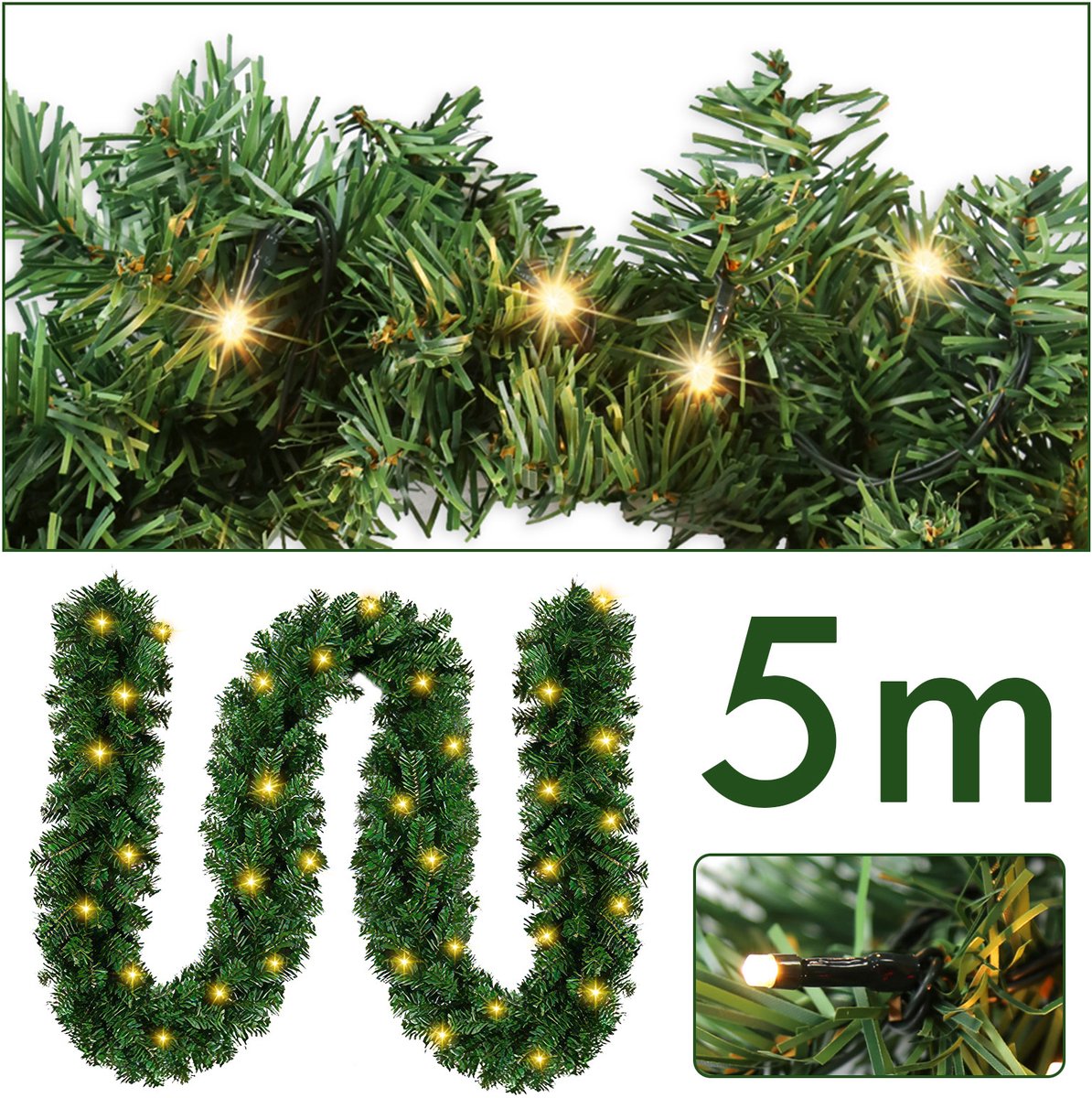 Kerstguirlande met verlichting 5 m - 100 led - groen - warmwit – foto 5