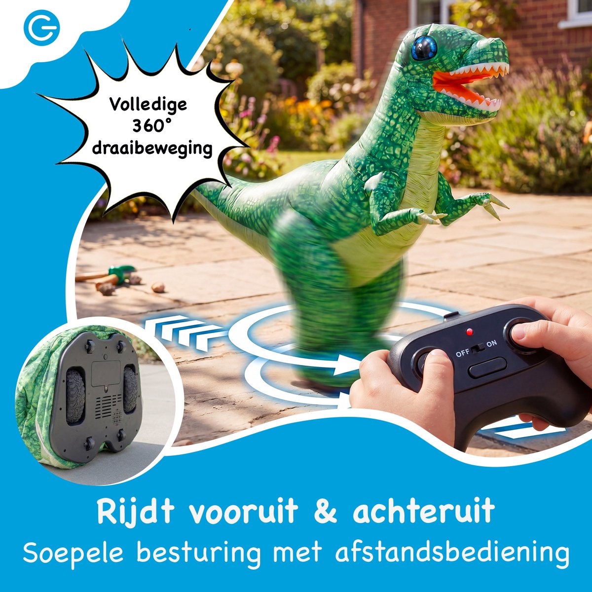 Silvergear® Opblaasbare RC Dinosaurus voor Kinderen - Bestuurbare Dino met Afstandsbediening - 90 cm Hoog - Zelfopblazend in 20 sec - Vooruit, Achteruit & 360° Draaien - Oplaadbaar - Dinosaurus Speelgoed T Rex - Groen - Cadeau voor 4,5,6,7,8+ Jaar — afbeelding 4