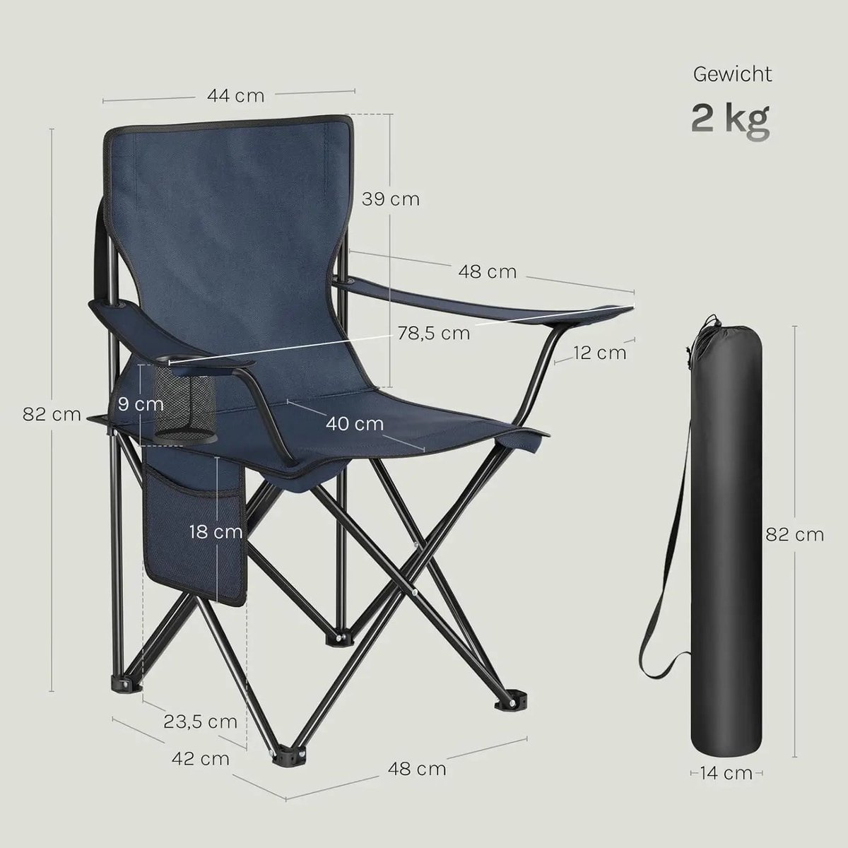 Klarven® Campingstoel Marineblauw - Opvouwbaar, Set van 2, Lichtgewicht met Bekerhouder en Draagtas - Stabiel tot 120 kg, Antislip Poten - B 48 x D 82 x H 78,5 cm