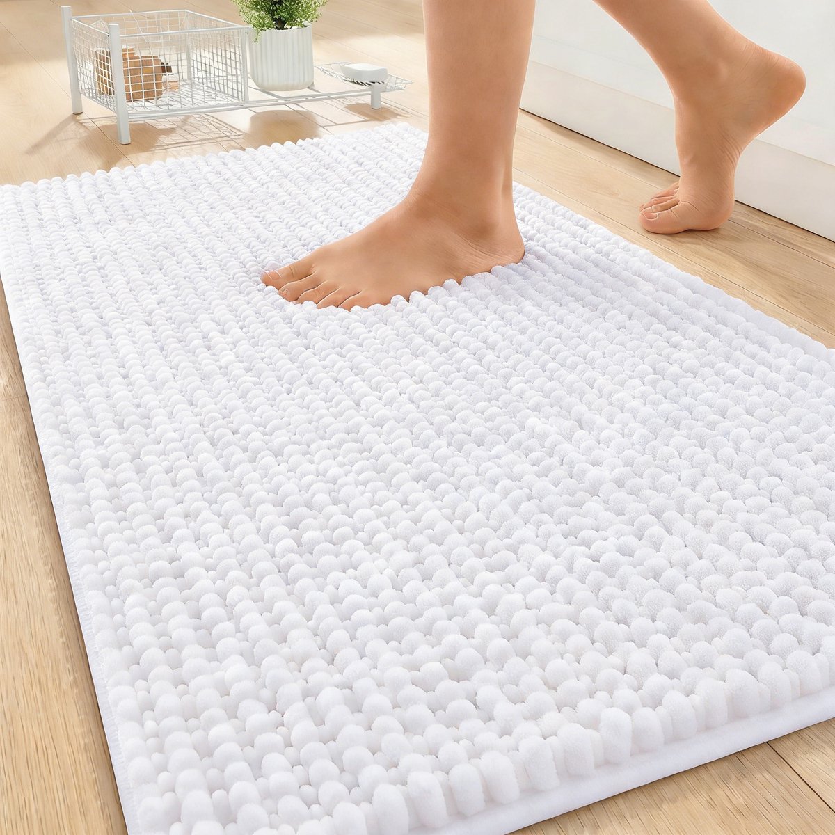 Olanly Badmat Antislip – Chenille Douchemat – Badmat Badkamer – Super Absorberend Deuropmat – Wit – 51X76cm