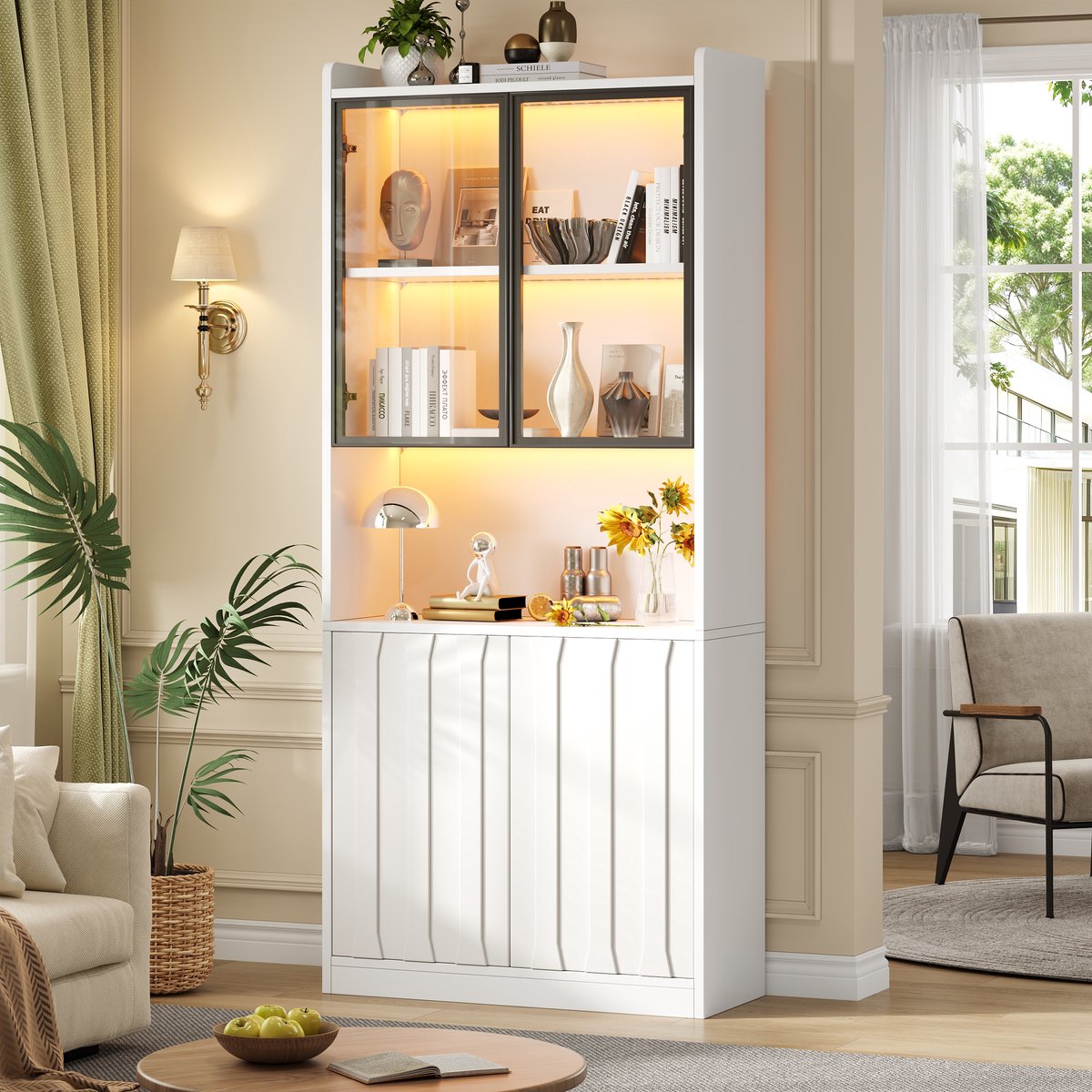 OKWISH Vitrinekast Met Ledverlichting - 4 Deuren - Open Vak En Verstelbare Planken - Wit - 80 x 35 x 200 Cm