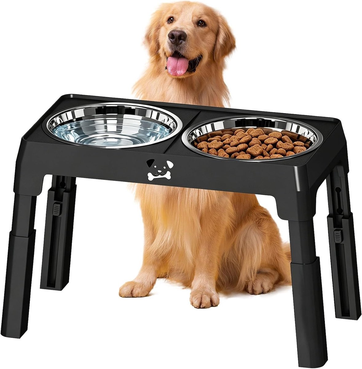 Verhoogde voerbak voor grote hond - Zwart - 44 x 23 x 8-34,5 cm - Verstelbare ABS Houder met 2 RVS kommen - Voor Honden van Alle Leeftijden