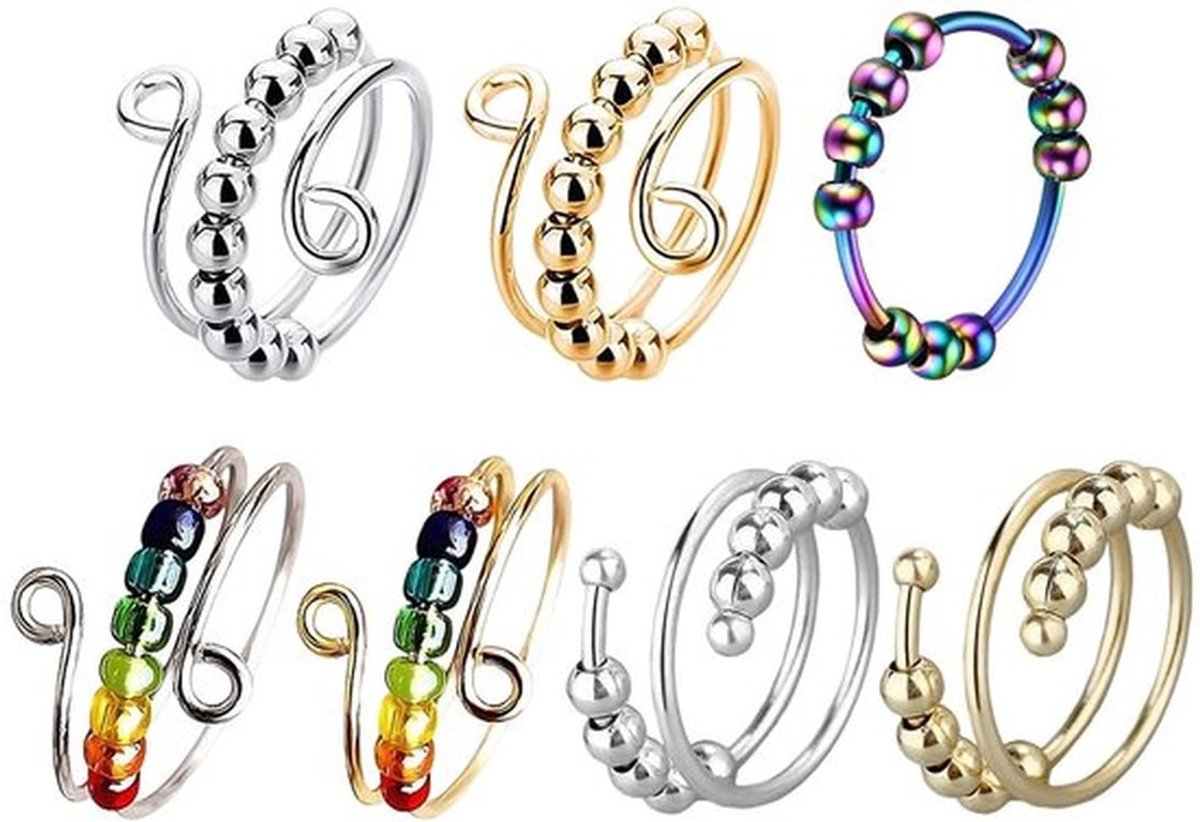 Stressring Verstelbaar - Fidget Ring - Parelrotatiering - Angstspeler - Koper - 7 Stuks - Fidgetring