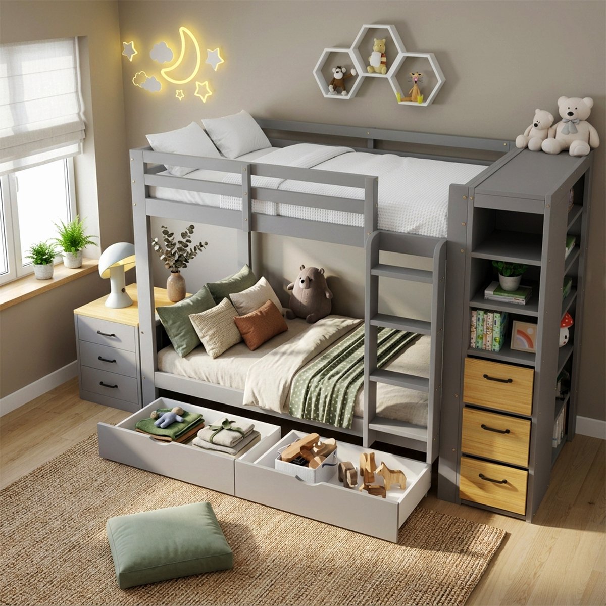 STILVORA Stapelbed 90x200 cm – Bed met ladder, 2 bedlades en opbergkast – Voor kinderkamer en jeugdkamer – Hout – Zonder matras – Lichtgrijs