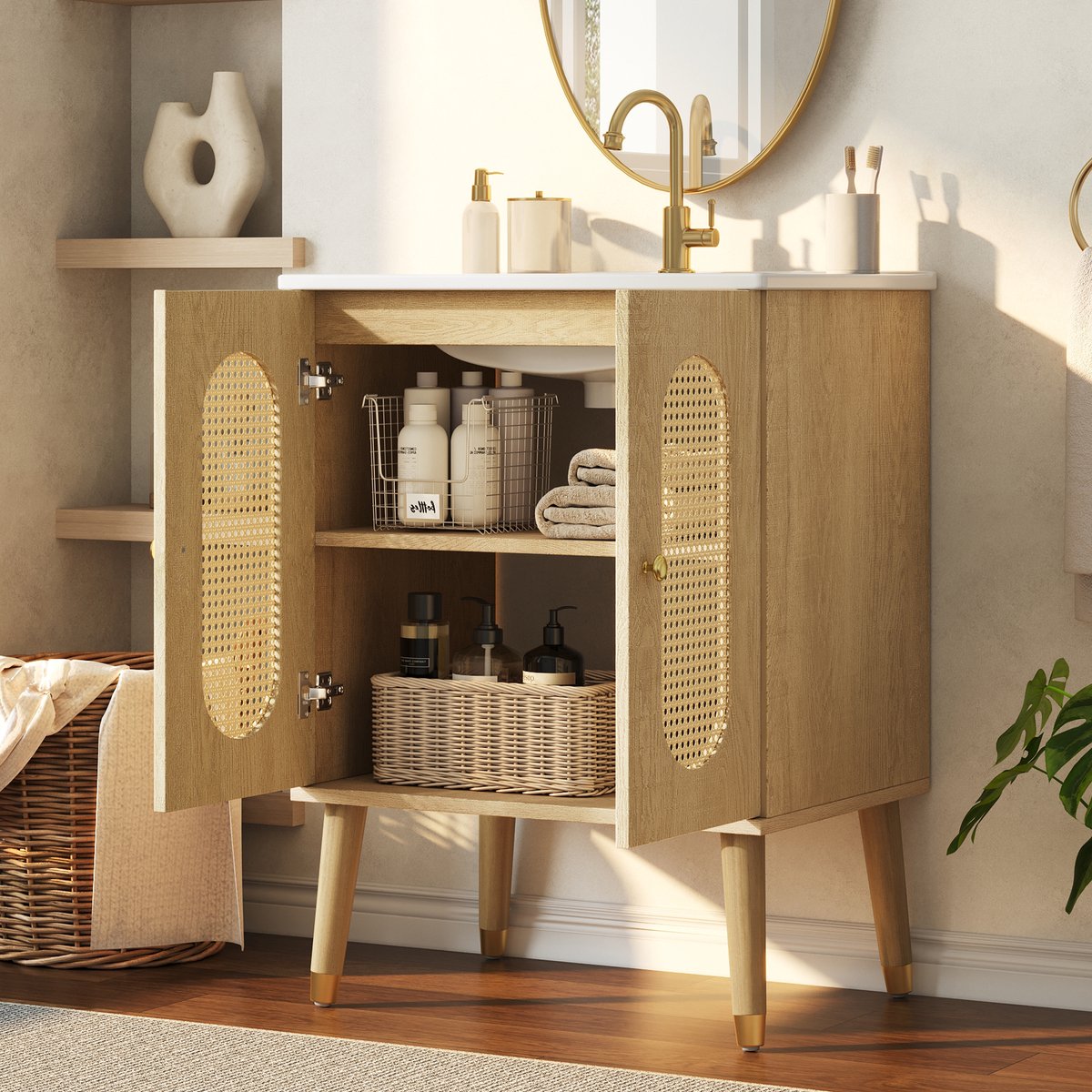 OKWISH Badkamerkast – Vrijstaand Wastafelmeubel Met Keramische Wastafel – Rattan Deuren – Opbergruimte Onder De Wastafel – Naturel Houtkleur – 61 Cm