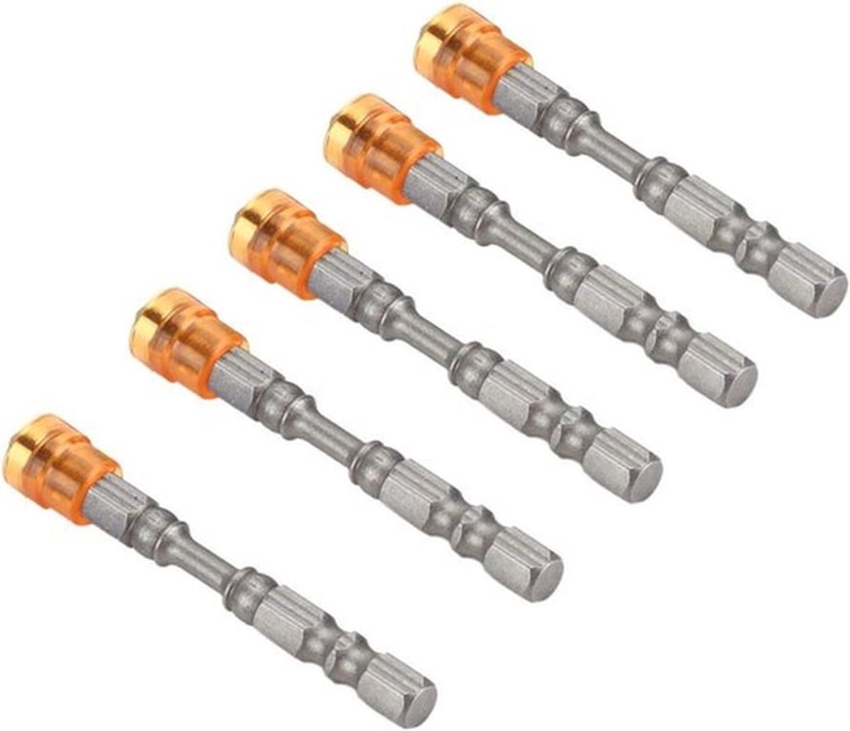 Gipsplaten schroevendraaierbits set 5 stuks van S2 staal - magnetisch - PH2 - bithouder voor gipsplaatschroeven - 1/4 inch schacht - geel - geschikt voor gipsplaten.