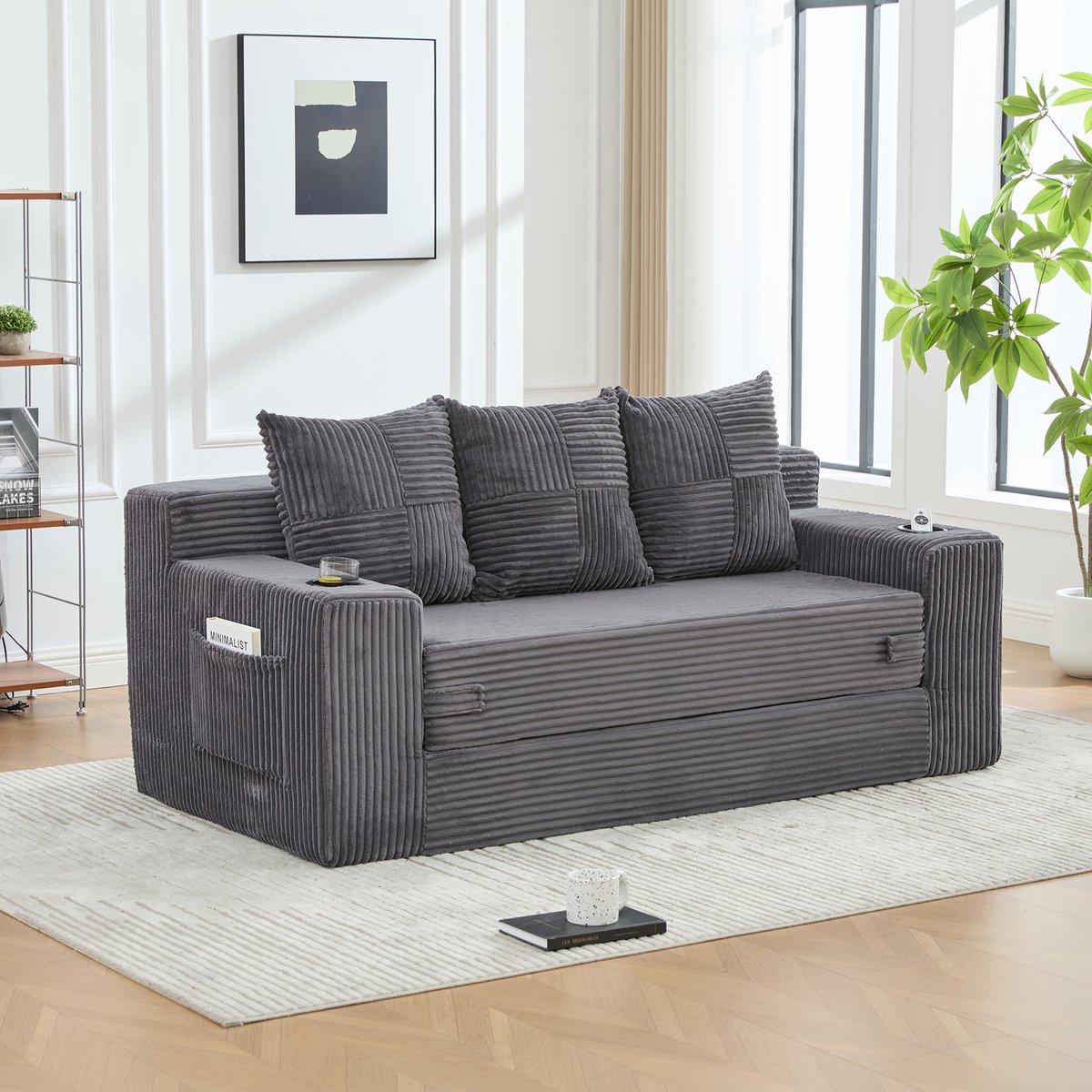 MIVRAY Slaapbank Driezits 172 x 87 x 64 cm Met Bekerhouders En Zijvakken Uitklapbaar Voor Woonkamer Studio En Appartement Corduroy Grijs