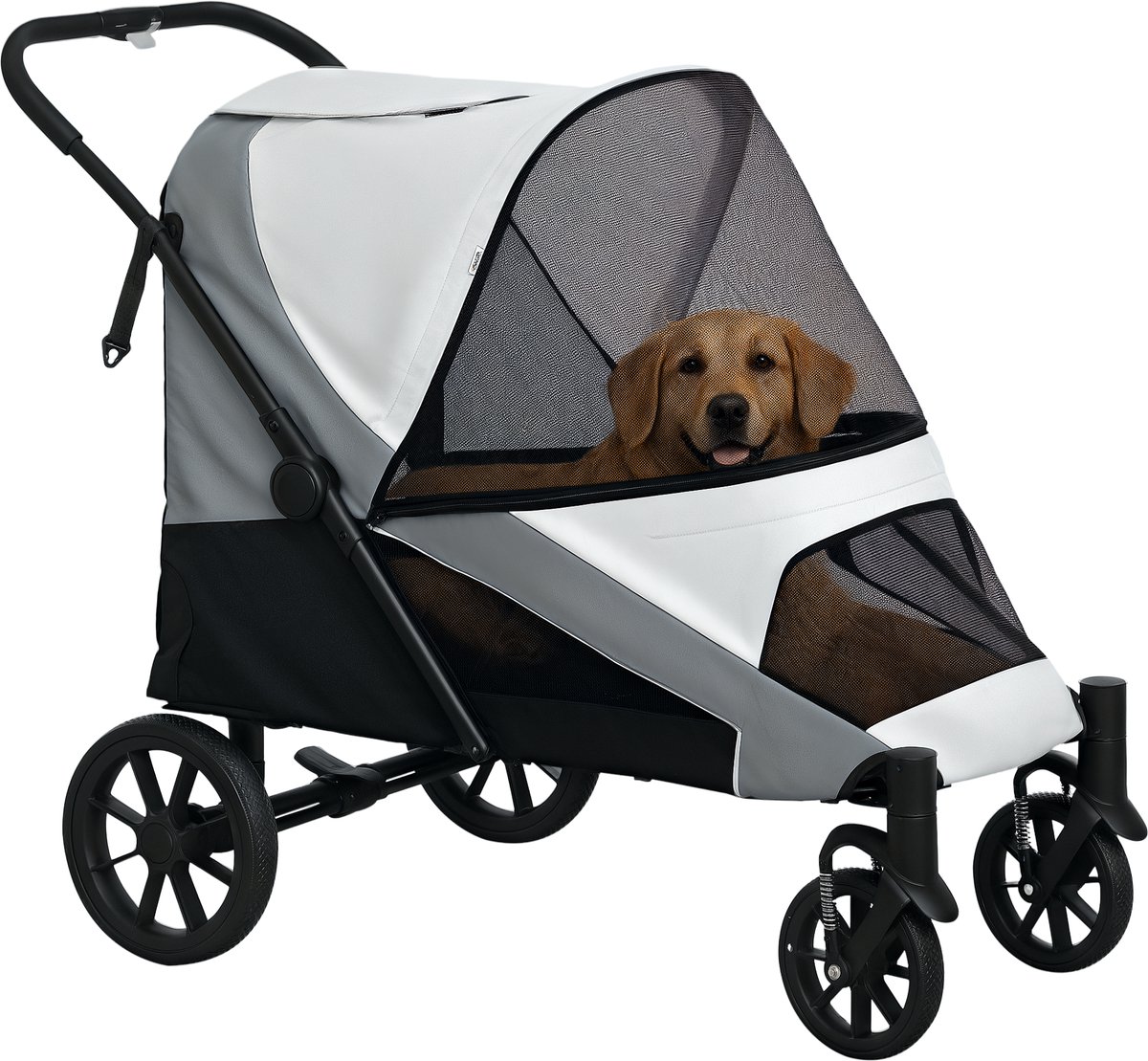 Hondenbuggy - opvouwbare hondenbuggy voor middelgrote honden - dierenbuggy met 4 wielen - veiligheidsriemen - remmen - grijs