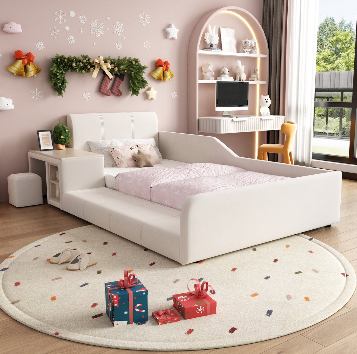 REDOM - Kinderbed met bureau en hocker - Met opbergrek en lattenbodem - Zacht velours hoofdbord - Voor kinderkamer - Stof - Wit - 90 x 200 cm