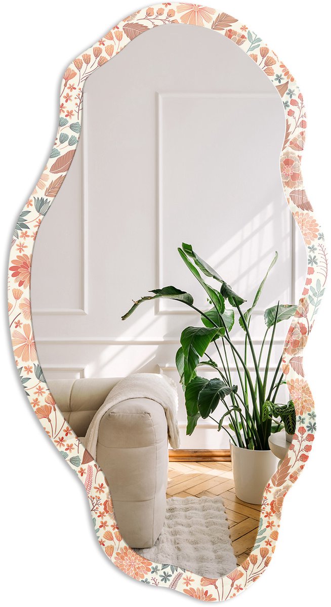 Coloray Bloemenpatroon Spiegel - Oranje Elegante Rechthoekige Wandspiegel - Organische Spiegel - Slaapkamer, Woonkamer, Kledingkast - Vintage - 45x90 cm - Totale afmeting 52x97 cm