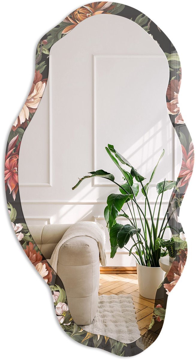 Coloray Exotische Flora Spiegel - Zwart Strakke Rechthoekige Spiegel - Organische Spiegel - Woonkamer - Schilderachtig - 45x90 cm - Totale afmeting 52x97 cm