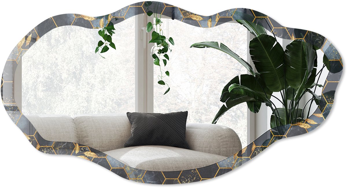 Wallfluent Geometrisch Patroon Spiegel - Marine Stijlvolle Wandspiegel - Organische Spiegel - Woonkamer, Badkamer, Kantoor - Geometrisch - 45x90 cm - Totale afmeting 52x97 cm
