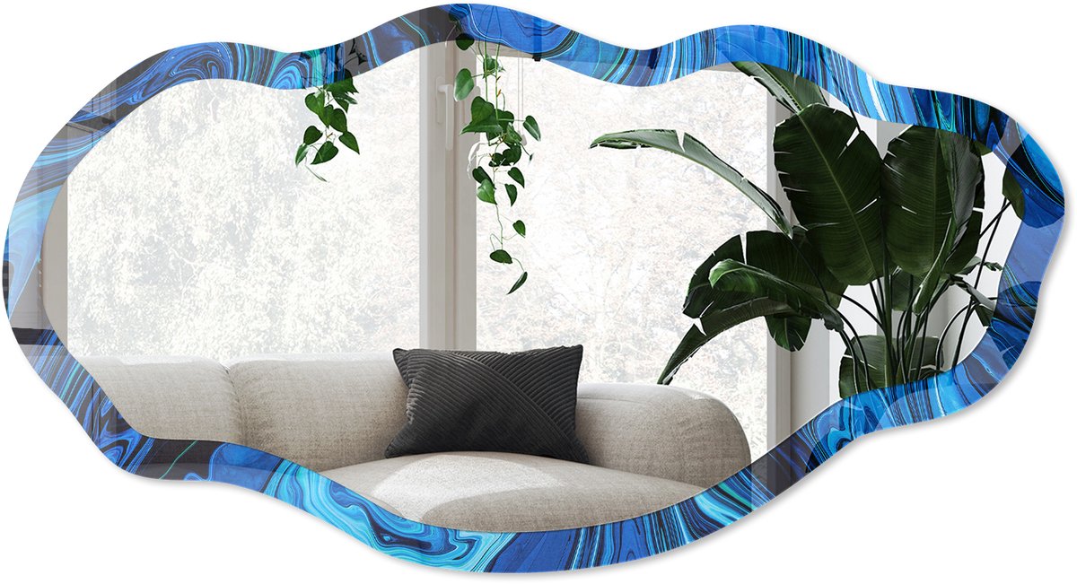 Wallfluent Blauwe Abstractie Spiegel - Blauw Rechthoekige Spiegel Voor Interieur - Organische Spiegel - Woonkamer, Kantoor, Slaapkamer - Abstract - 45x90 cm - Totale afmeting 52x97 cm