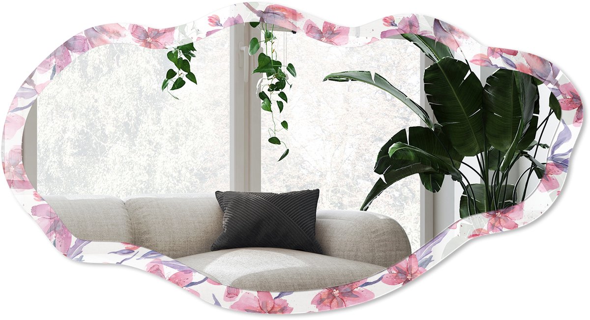 Wallfluent Bloemen In Aquarel Spiegel - Roze Strakke Rechthoekige Spiegel - Organische Spiegel - Slaapkamer, Woonkamer, Hal - Aquarel - 45x90 cm - Totale afmeting 52x97 cm