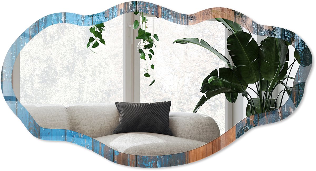 Wallfluent Houtstructuur Spiegel - Blauw Elegante Rechthoekige Wandspiegel - Organische Spiegel - Woonkamer, Kantoor, Hal - Rustiek - 45x90 cm - Totale afmeting 52x97 cm