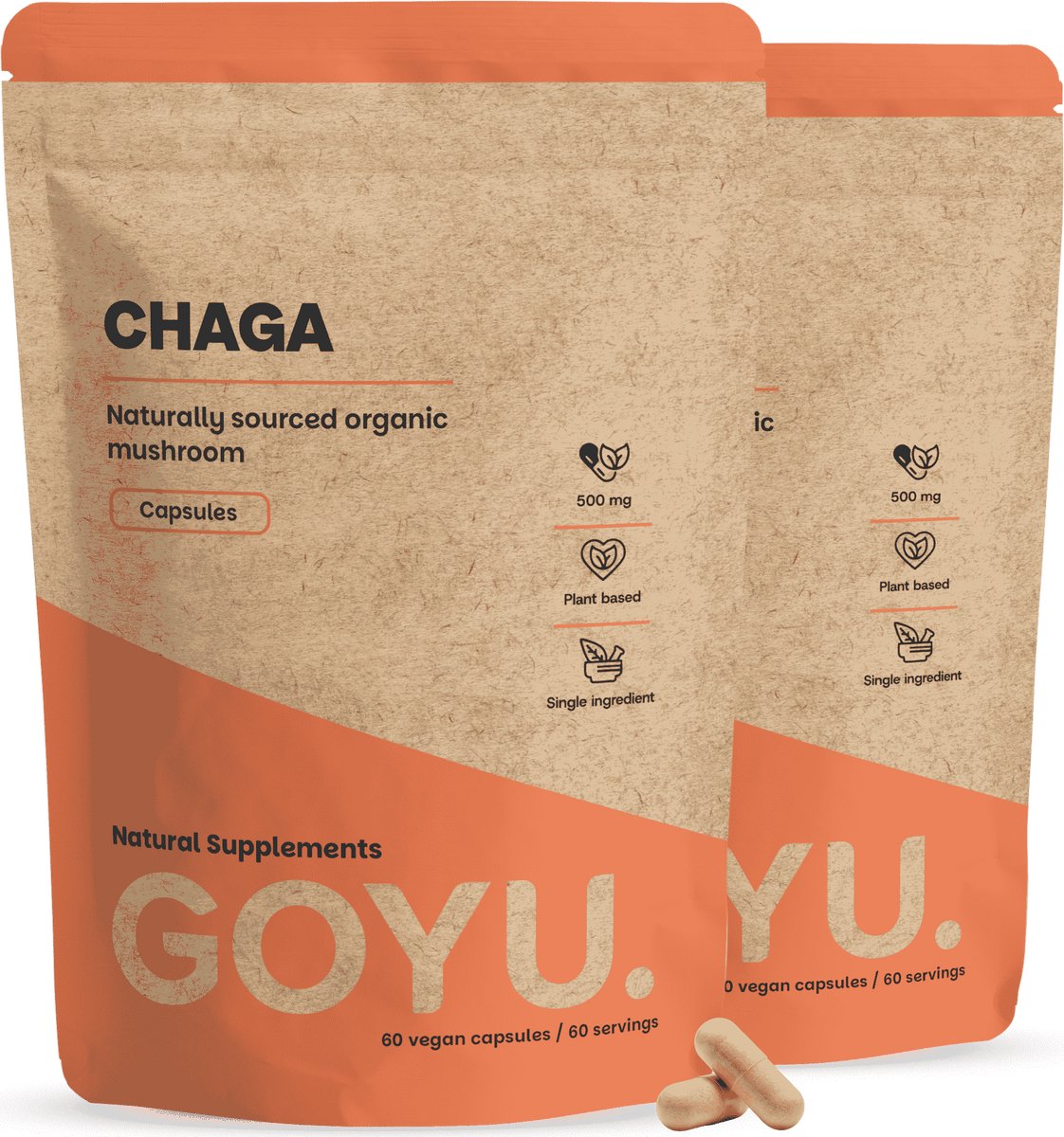GOYU Chaga 1.500 mg per dagdosering Biologisch Combideal 2x 60 Capsules - Paddenstoel mushroom – Vegan - Zonder toevoegingen - Lab getest - 30 dagen voorraad per zakje