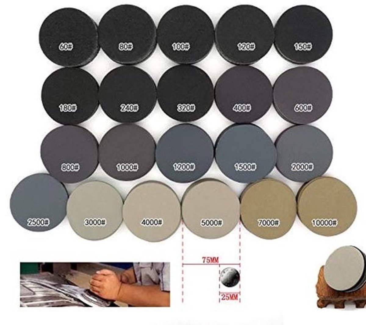 Schuurdiscs 75mm - Schuurpapier Set - 10 Stuks - Voor Nat/Droog Gebruik - Siliconen Carbide - Geschikt voor Metaal/Hout
