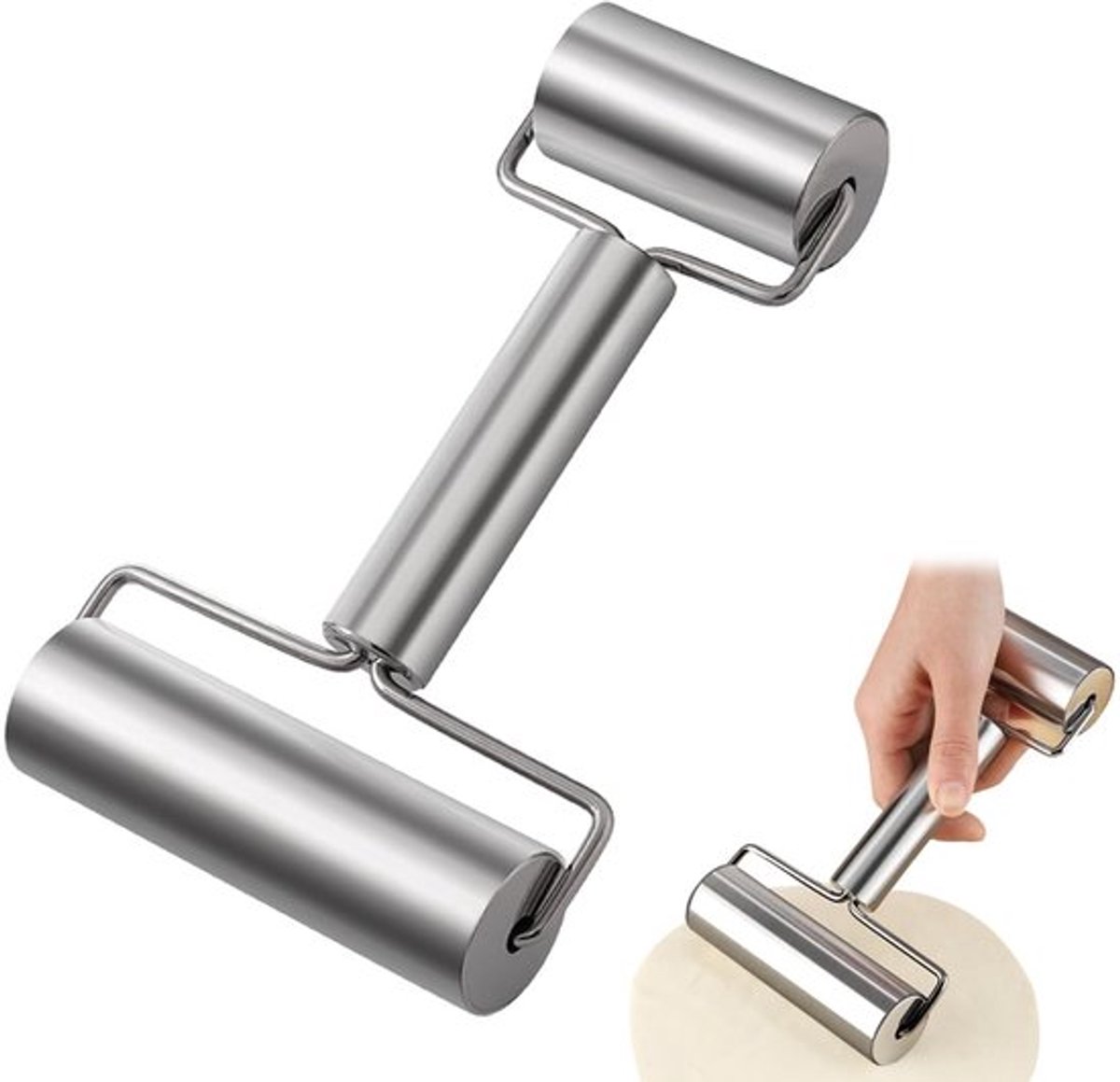 Deegroller Roestvrij Staal - Antiaanbaklaag - Ergonomische Handgreep - Eenvoudig te Reinigen - 17,5 cm x 16 cm - Voor Deeg/Pizza/Cake - Deeguitroller