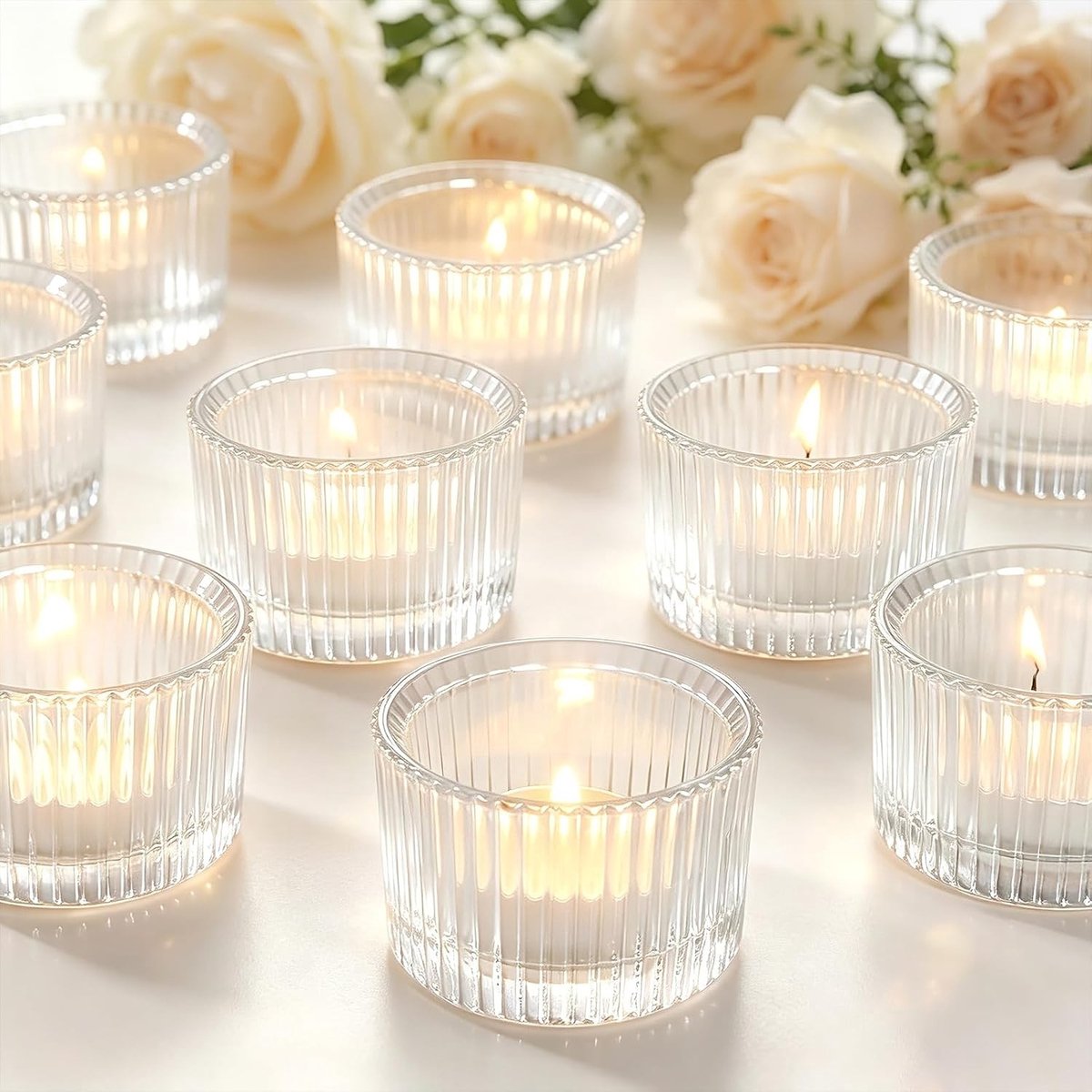 Windlicht van glas - Transparant - 5 x 3,8 cm - Vintage geribbeld glas - Set van 12 voor feestelijke decoratie