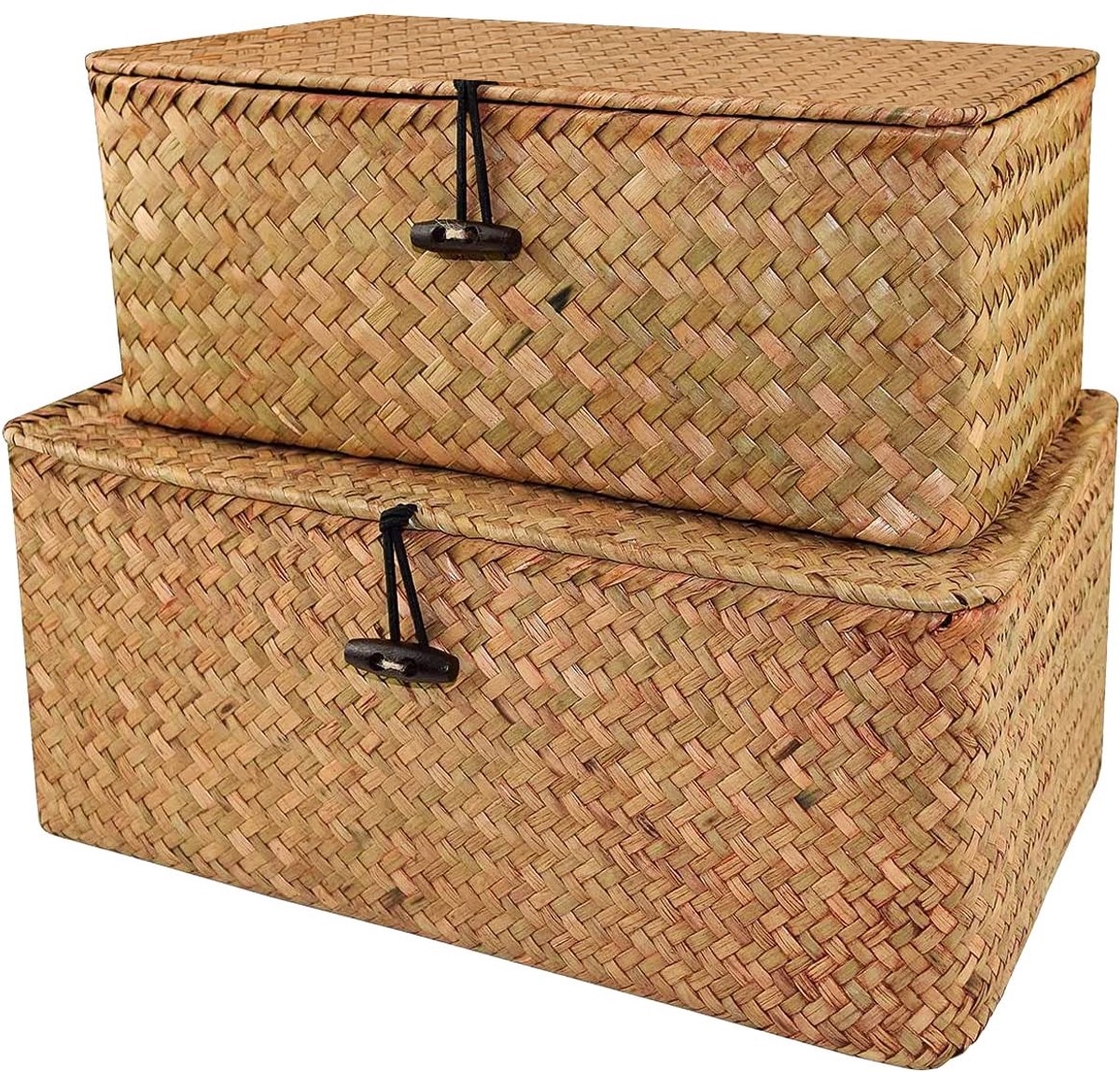Famanu – Rieten opbergmand van geweven rotan, opbergdoos met deksel, zeegras wasmanden en make-up organizer voor badkamer, woonkamer en keuken (L+XXL