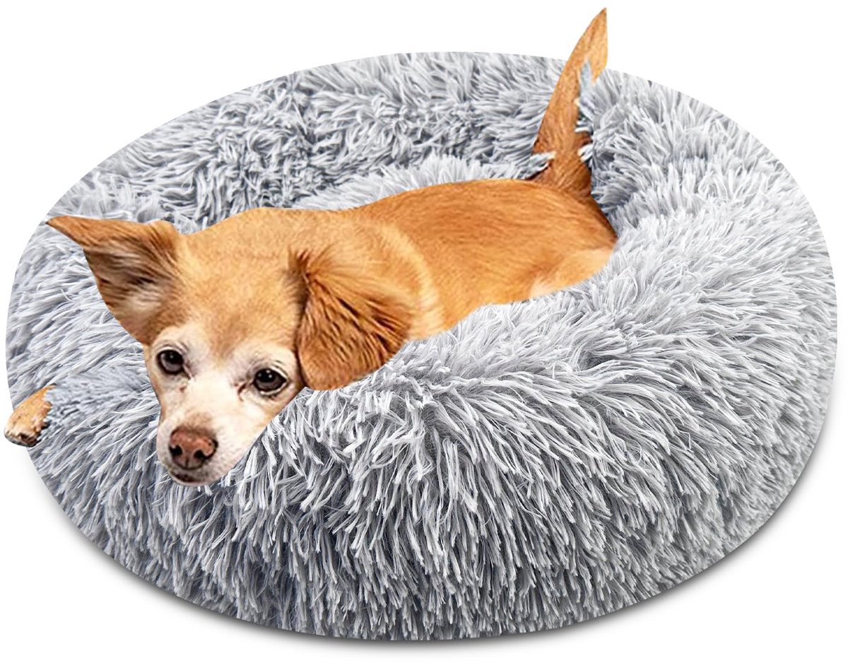 Famanu – Rond hondenbed voor katten, pluizig hondenkussen, wasbaar hondenbed in donutvorm, pluche hondenmand voor middelgrote en kleine honden met een diameter van 50 cm in grijs