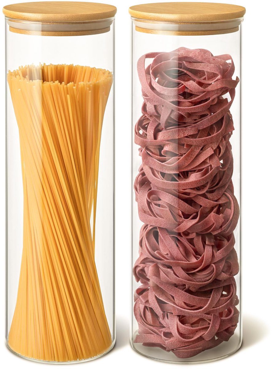 Famanu – Glazen voorraadpotten set van 2, luchtdichte spaghetti container van 1900 ml met bamboe deksel, ideaal voor het bewaren van spaghetti