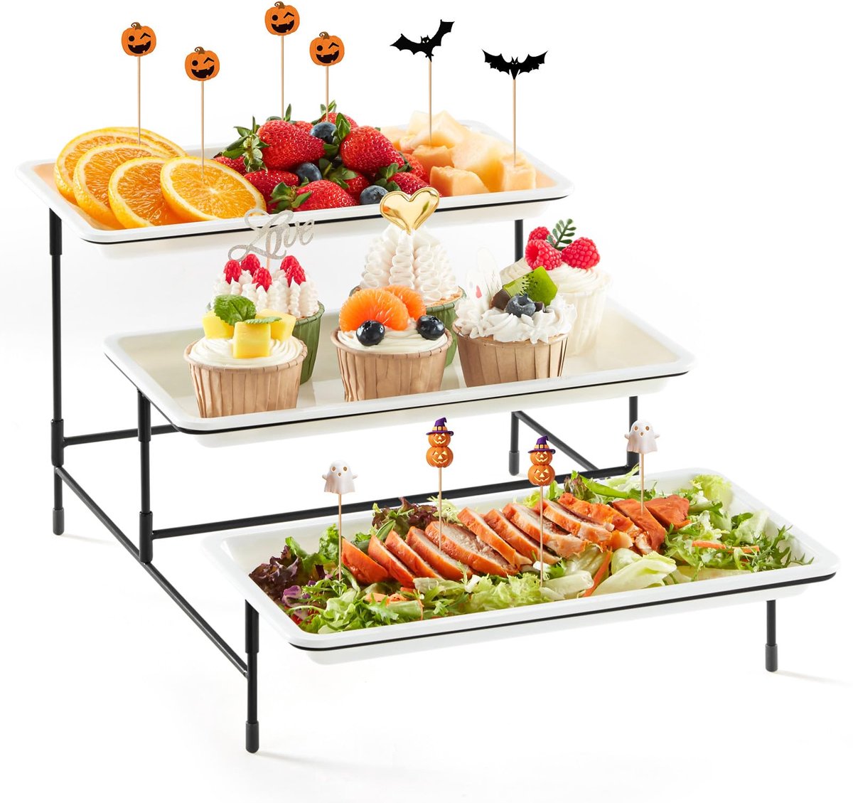 Famanu – 3-laags dienblad voor feestspullen, 30x17 cm, plastic planken voor het serveren van eten, herbruikbare dienbladen met metalen displaystandaard