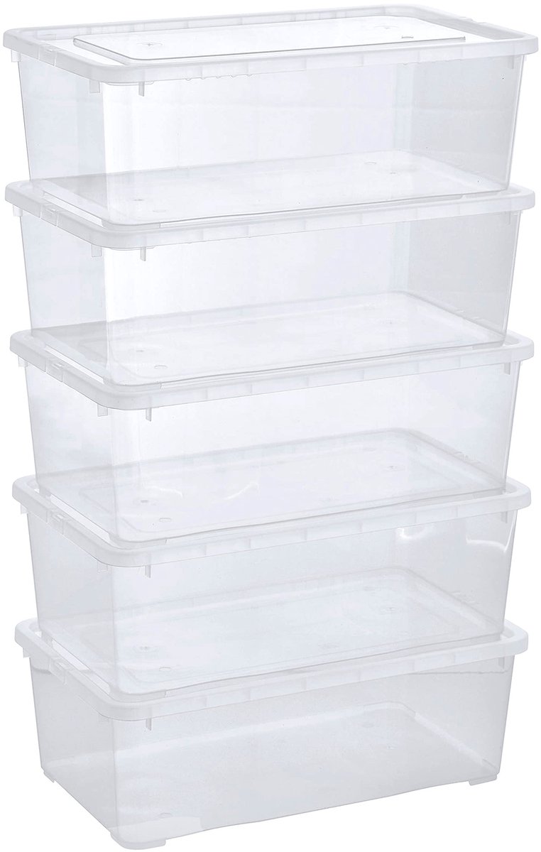 Famanu – Kleine opbergboxen van 5 x 5 L met transparant deksel, stapelbare boxen met ventilatie