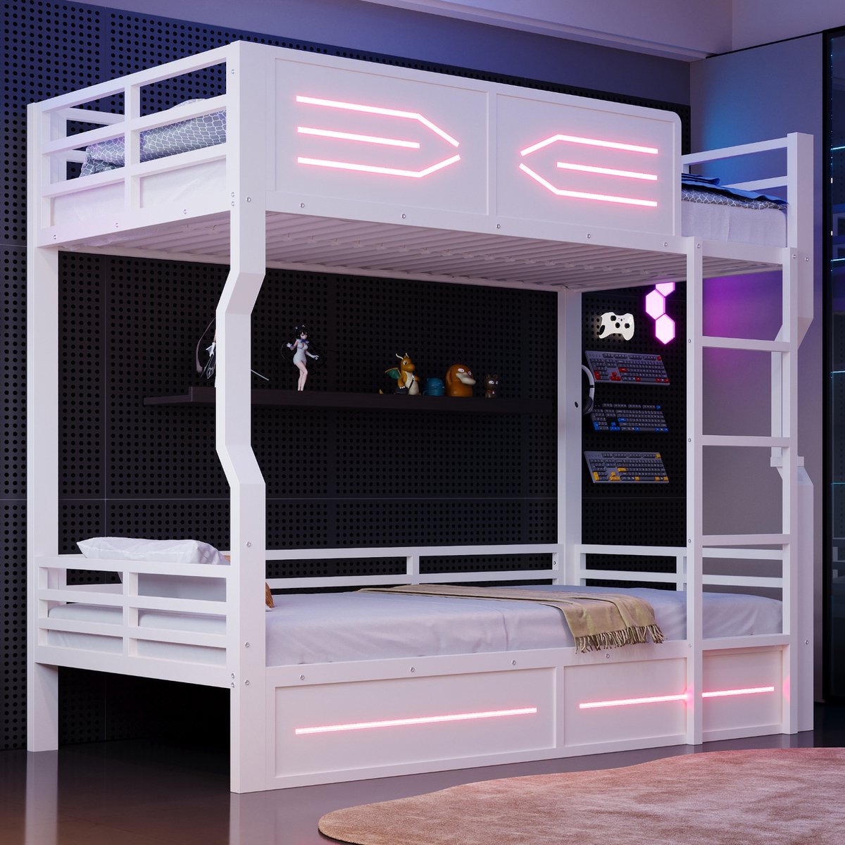 PHOEBE CAT Stapelbed - 90 × 200 cm - Metalen bed - LED-verlichting - Valbeveiliging - Wit