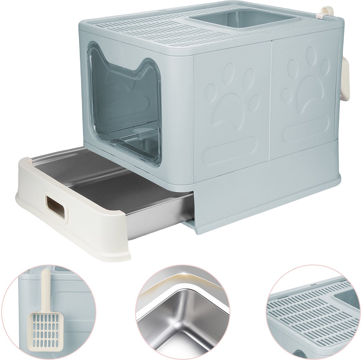 PIPIPOXER Kattenbak RVS -Kattentoilet Roestvrijstaal - Incl. Kattenbakschep met Houder - Gesloten Kattenbak met Lade - 2 in 1 Open Kattenbak - Kattentoilet -41x51x38cm - Groente
