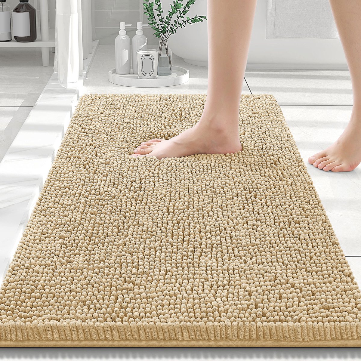 Olanly Badmat Antislip – Chenille Douchemat – Badmat Badkamer – Beige – 51X76cm