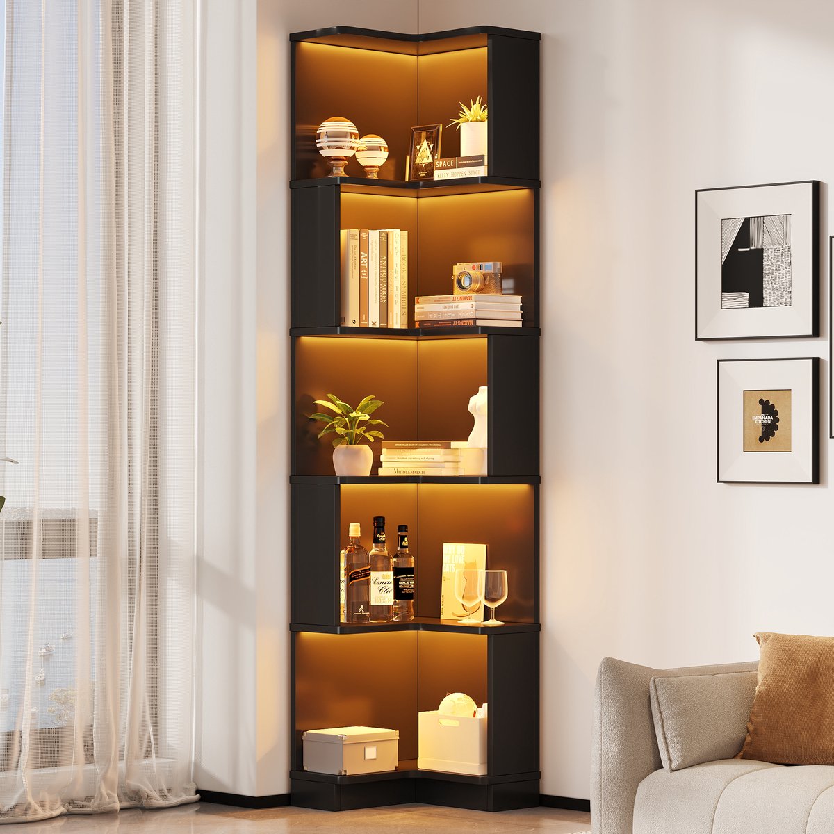 REDOM - Boekenkast - Hoekdesign - 5 open opbergvakken met LED-verlichting en app-bediening - Moderne stijl - Werkkamer of kantoor - MDF - Zwart - 63,5 x 45 x 175 cm