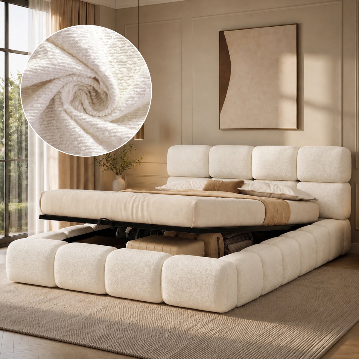MIVRAY Gestoffeerd Bed 180x200cm Zonder Matras - Dubbelbed Met Hydraulische Opbergruimte En Lattenbodem - Wolken Design - Voor Slaapkamer - Bouclé - Wit
