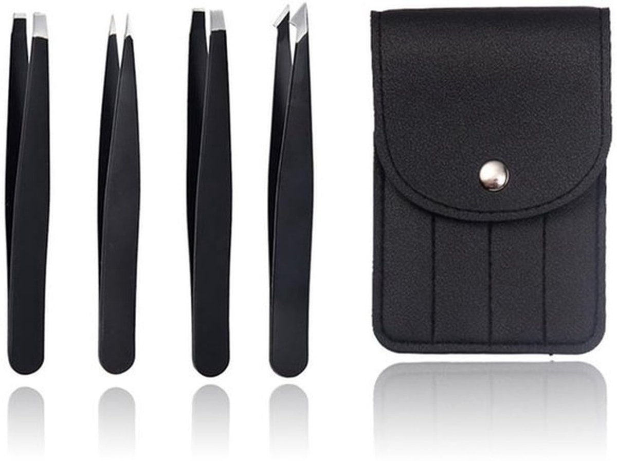 Pincet Set - 4 Roestvrijstalen Pincetten - Wenkbrauwpincet/Precisie Pincet - Antislip Coating - Ergonomisch Ontwerp - Leren Etui
