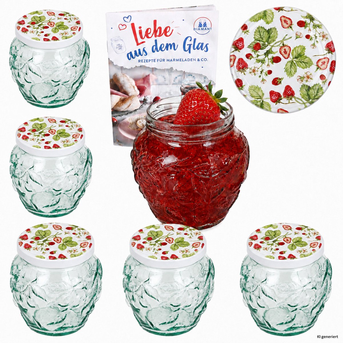 6-delige set jamfles 580ml FRUTTA VASO met fruit-relief + TO82 deksel bos-aardbei