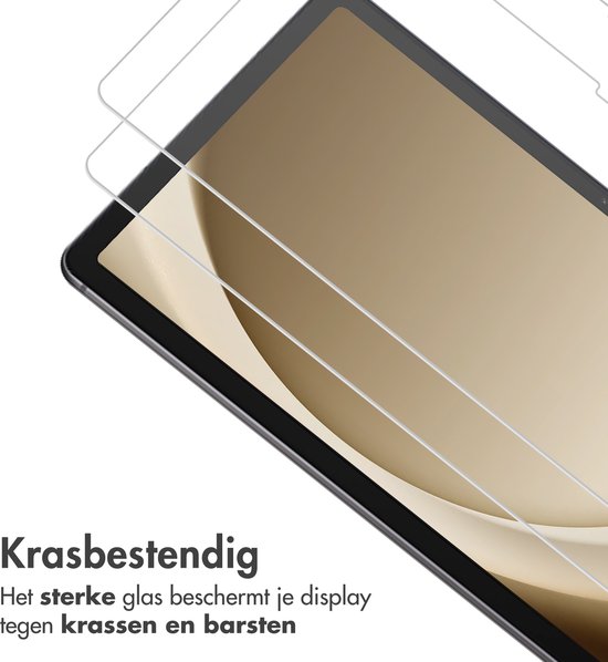 Twee screenprotectors van gehard glas voor een tablet, met tekst 'Krasbestendig'.