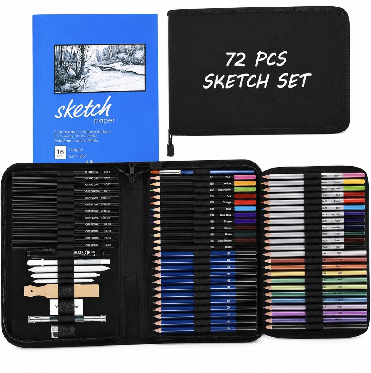 BSS® Tekendoos / Tekenset – 72-delige Schetsset met Schetsboek – Aquarel, Grafiet, Houtskool en Metallic – Tekenset