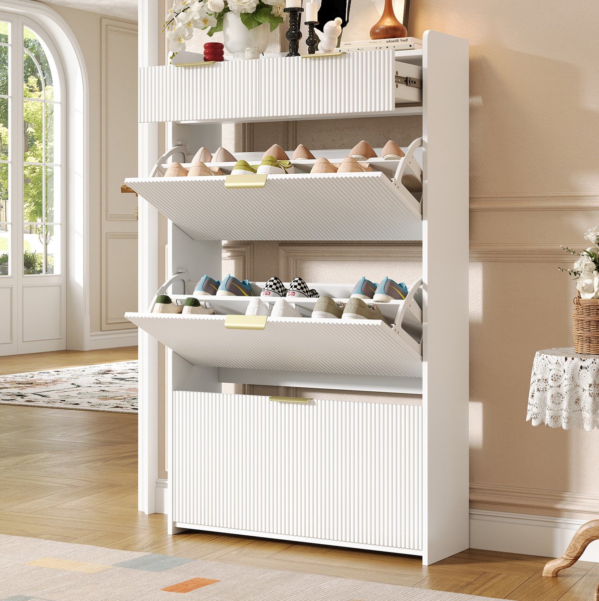OKWISH Schoenenkast Modern Smal Met 3 Klapvakken En 2 Lades Voor Hal En Entree Wit 80 X 25 X 135 Cm