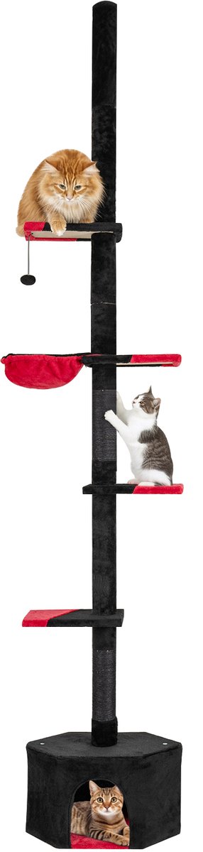 COSTWAY Krabpaal plafondhoog, 245-300 cm, van vloer tot plafond, gothic Halloween, kattenboom met 5 verdiepingen, kattenkrabpaal hoog, klimboom met sisal-krabpalen, mand, hol en platform, rood + zwart