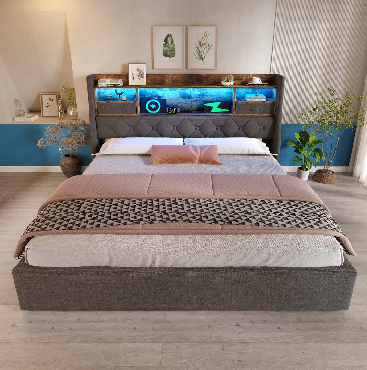 MEUNIQ gestoffeerd bed 140x200 cm met hydraulische opbergruimte, LED-hoofdbord, USB en Type-C, lattenbodem, tweepersoons bedframe voor slaapkamer, grijs