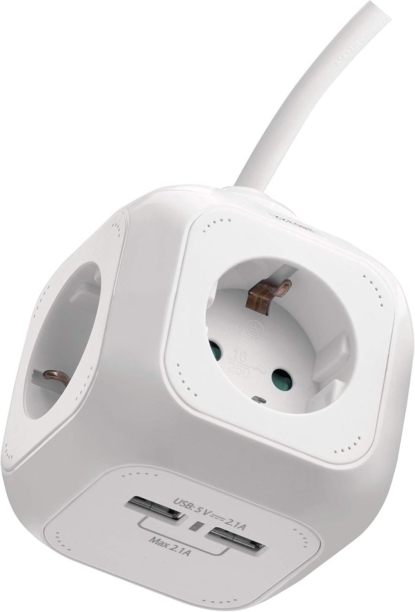 Stekkerblok - Wit - 4 Schuko-stopcontacten - 2 USB-poorten - Voor Thuis en Kantoor