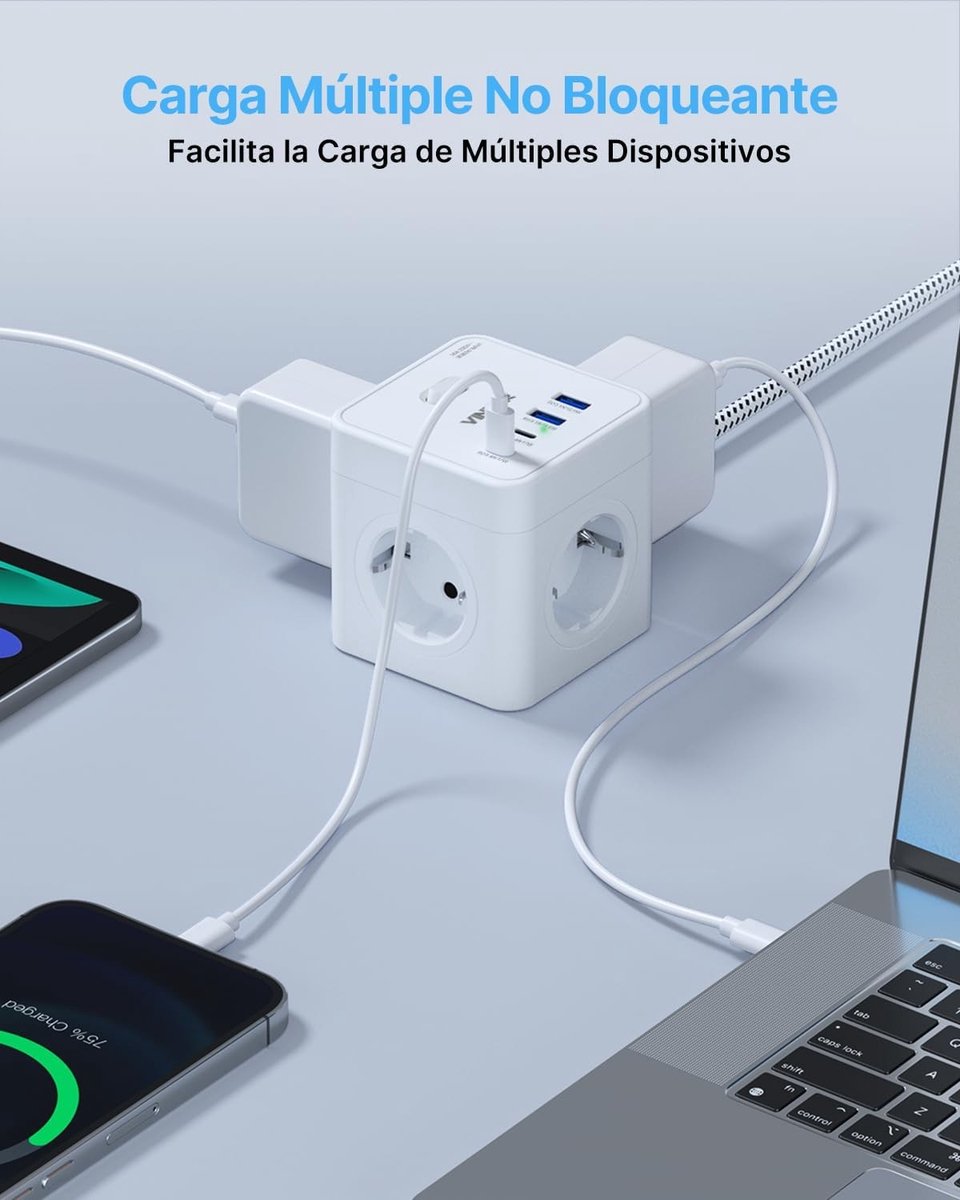 Stekkerdoos - Gevlochten Kabel - 8-in-1 Aansluitingen - USB en Type-C - Voor Thuis en Kantoor