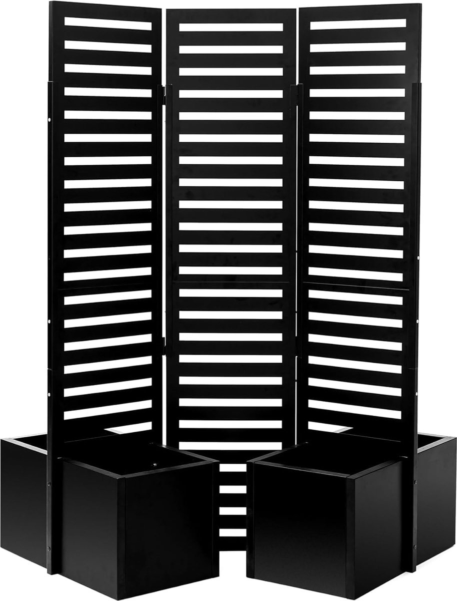 Metalen Privacy Scherm met Plantenbakken - 3-Delig Paravent met 4 Geïntegreerde Kweekbakken - 130 x 177 x 78 cm - Vrijstaand Tuinscherm & Klimrek - Zelf-drainerend - Antraciet / Zwart