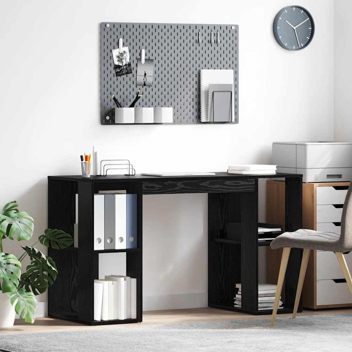 Bureau met rek - Werktafel - Thuiswerken - Geïntegreerde opbergruimte - 130 cm breed - Zwart eikenlook