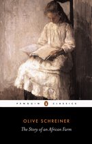 Een meisje in een wit jurkje zit op een stoel en leest een boek. Penguin Classics logo. "The Story of an African Farm" door Olive Schreiner.
