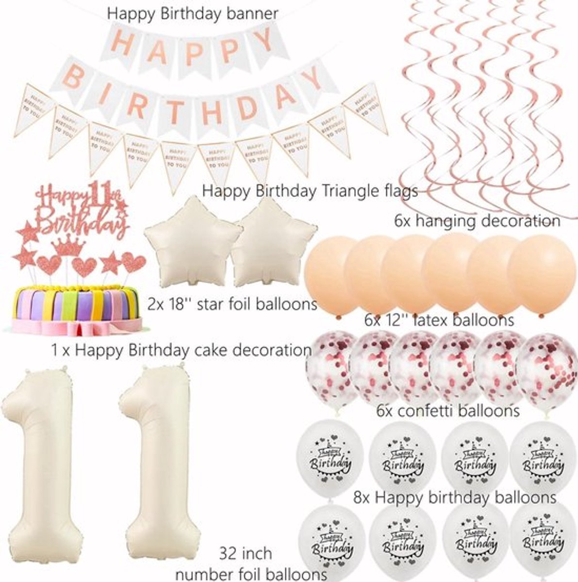 11e verjaardag meisje - beige roségoud ballonnen - 11 jaar decoratie - taart party